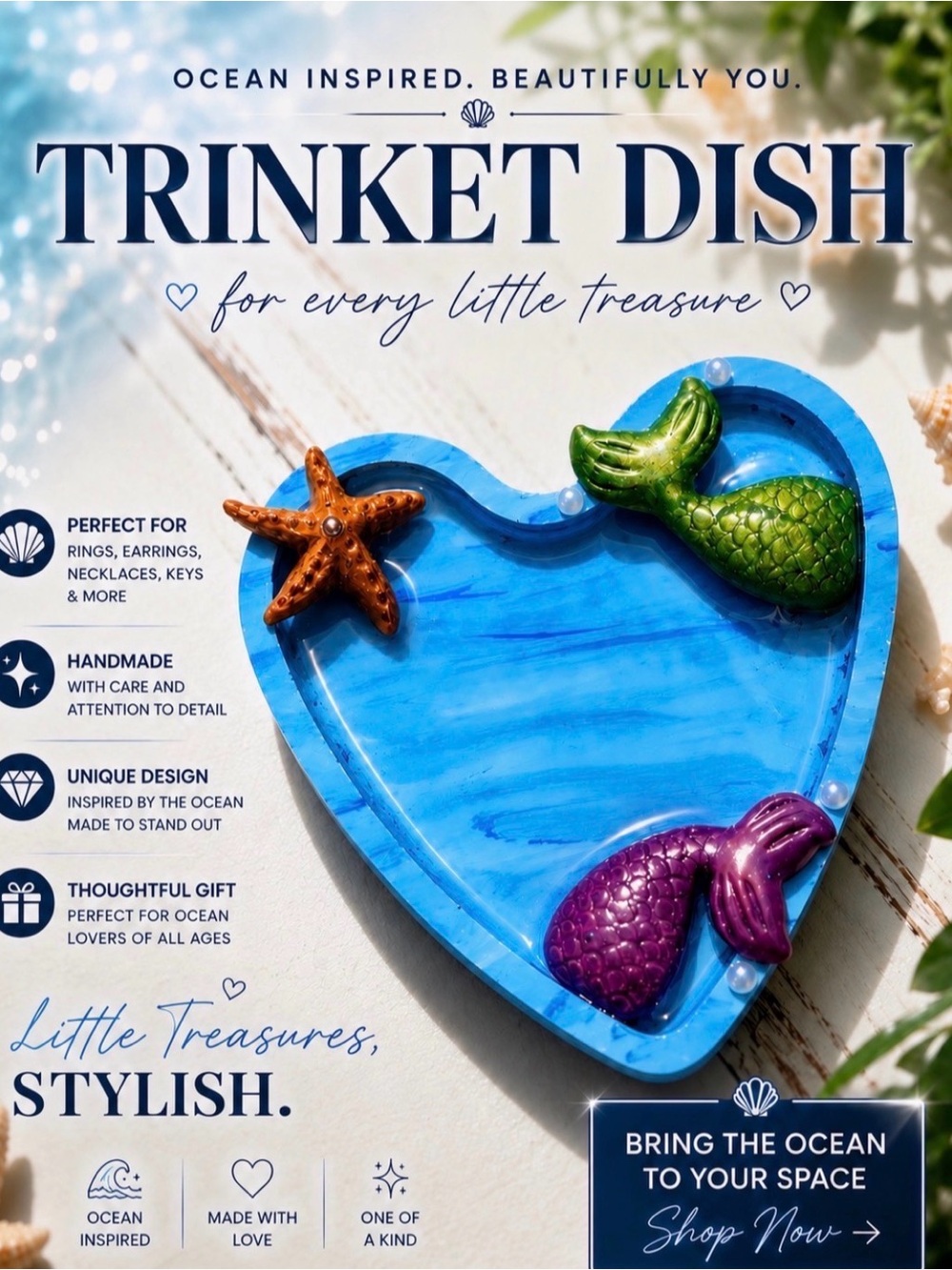 Heart-Shaped Ocean Trinket Dish with Mermaid Tail Accents